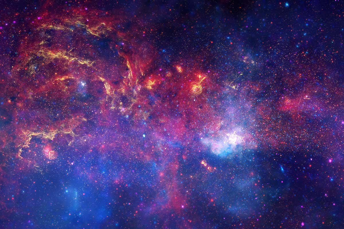 This image of the area around galactic centre is a composite of images taken in X-ray, optical, and infrared wavelengths