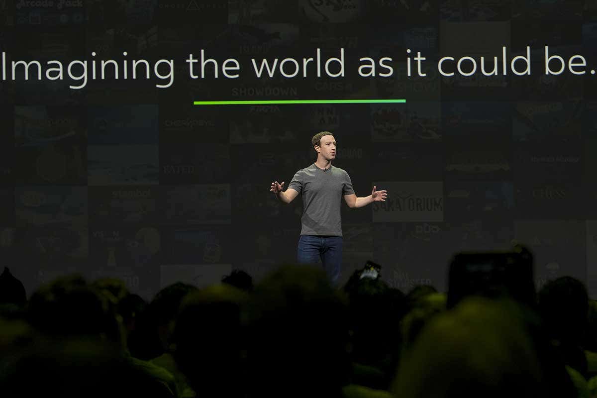 Facebook CEO Mark Zuckerberg on stage, talking about his vision for the company