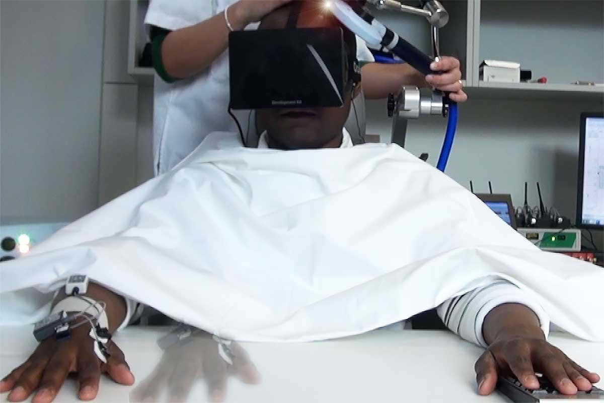 A person experiencing VR with transcranial magnetic stimulation