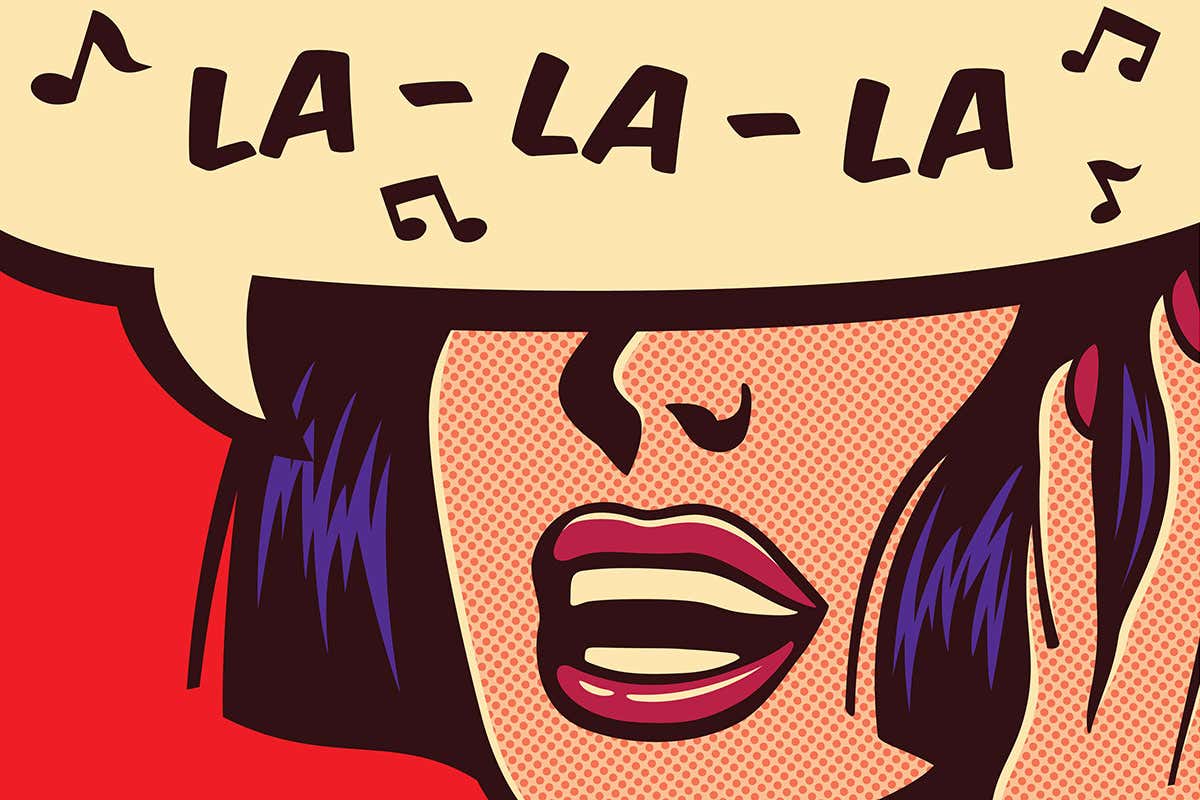 A pop art-style lady singsla-la-la