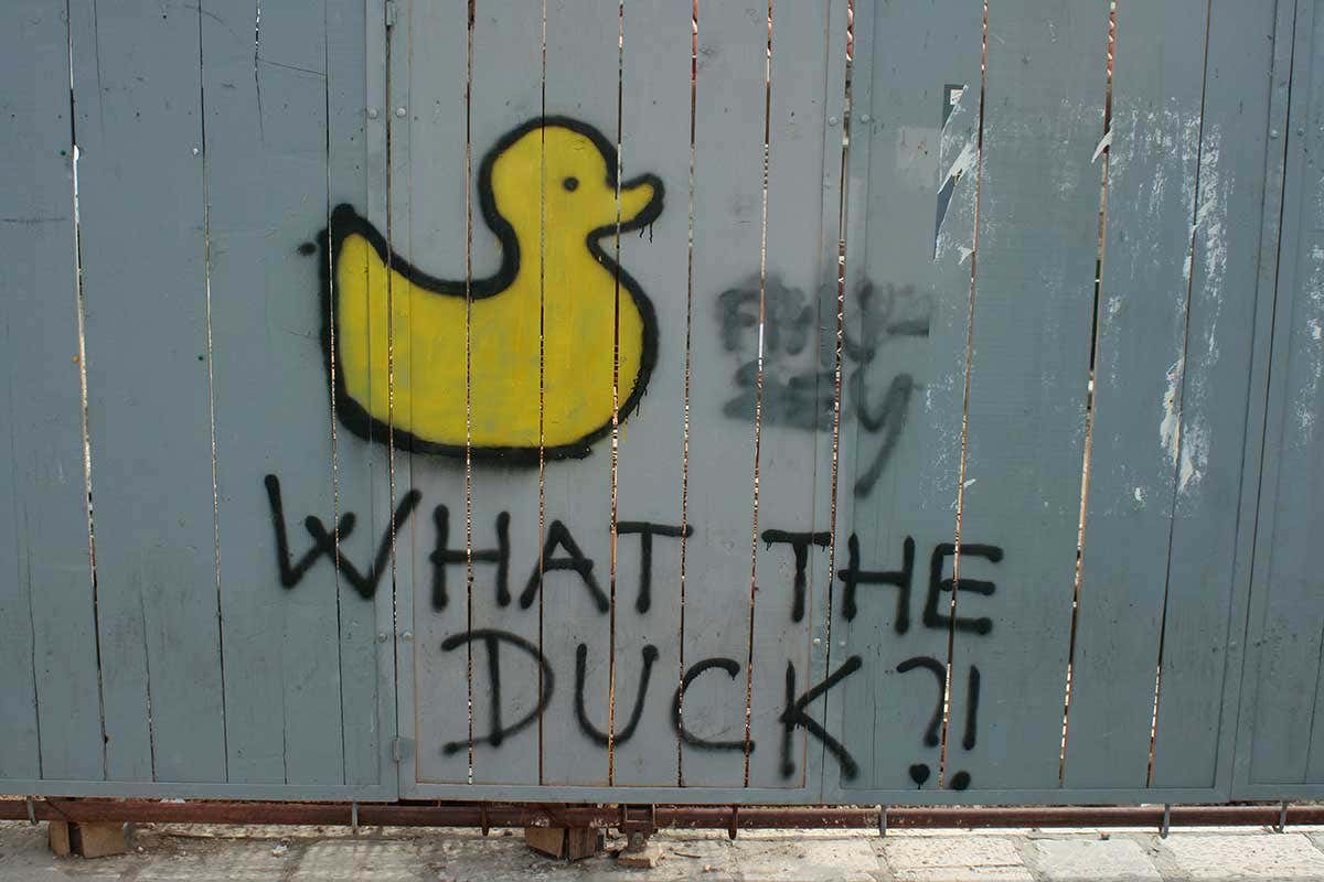 Graffiti of a yellow duck and a caption saying 