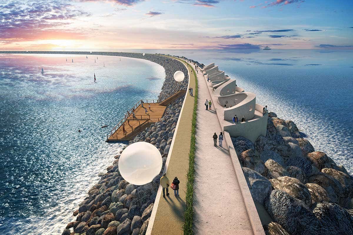 Artist's impression of the Swansea tidal power project, showing a walkway around the periphery