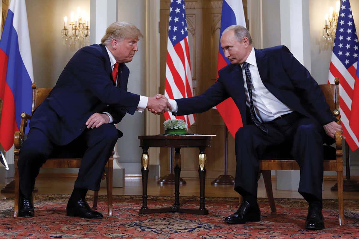 Donald Trump and Vladimir Putin shaking hands