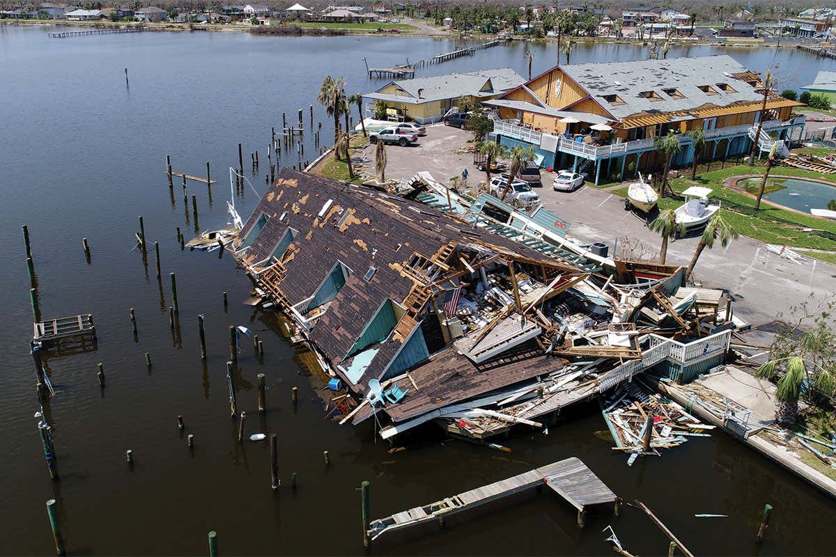 An aerial view of a damaged roof