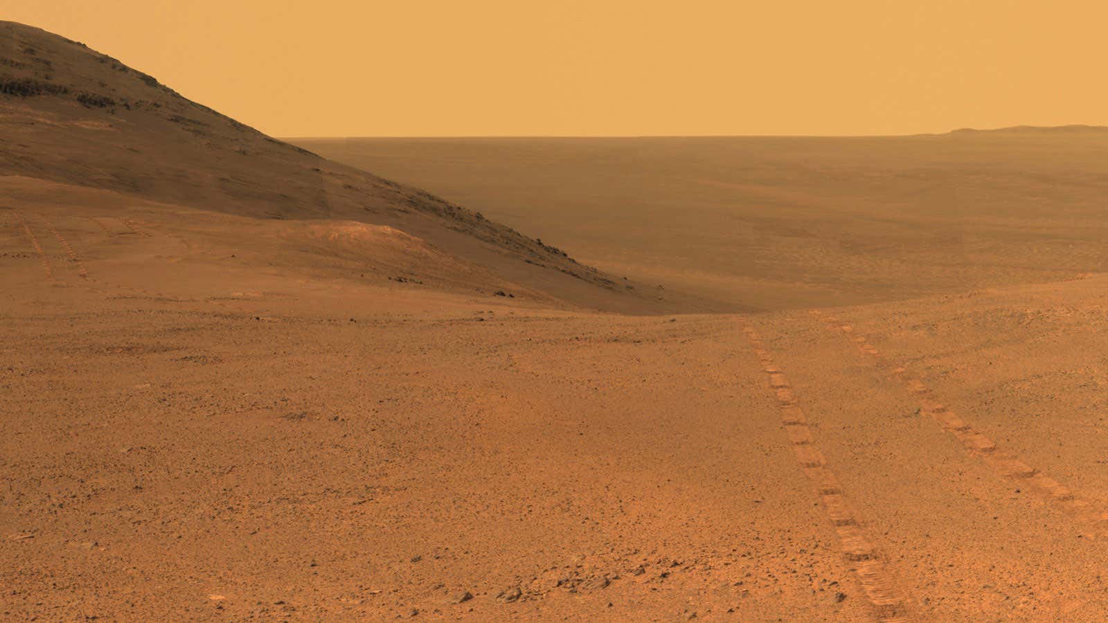The tracks of Opportunity rover on Mars