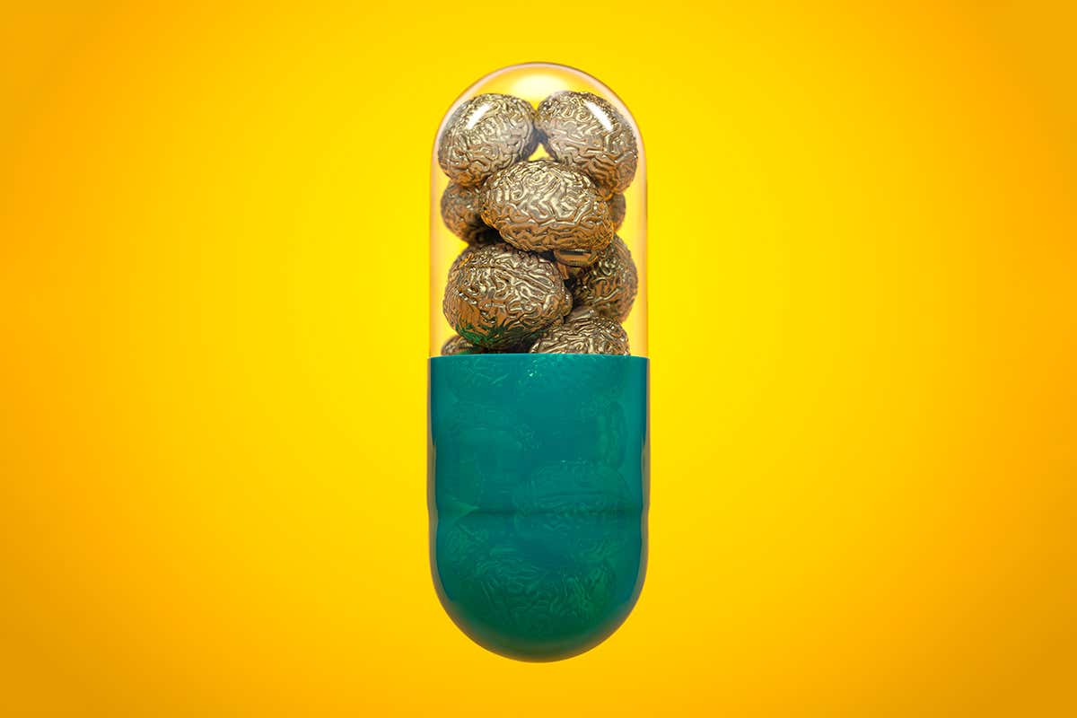 stockimage of a pill containing gold brains