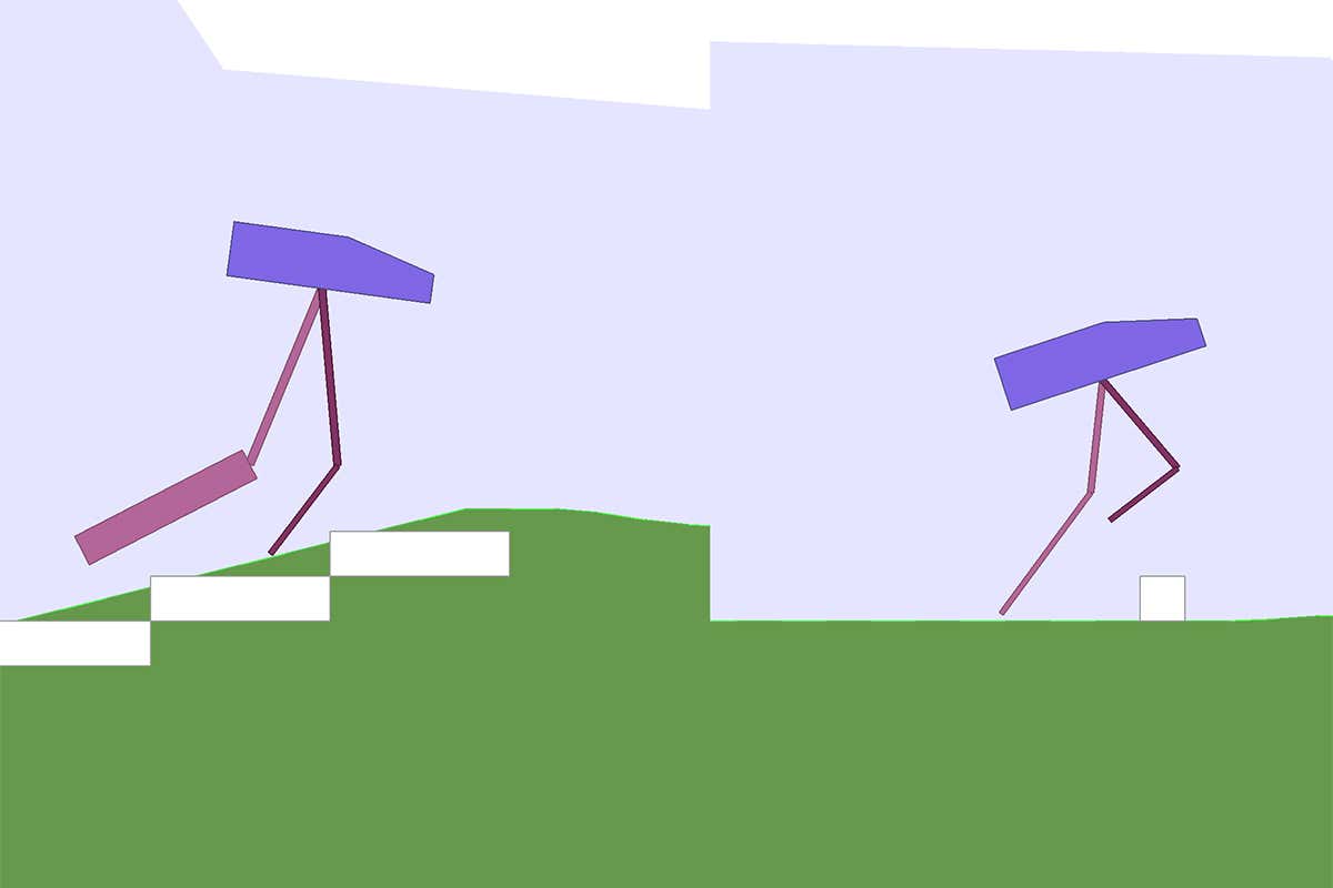 An simulated robots runs through an obstacle course