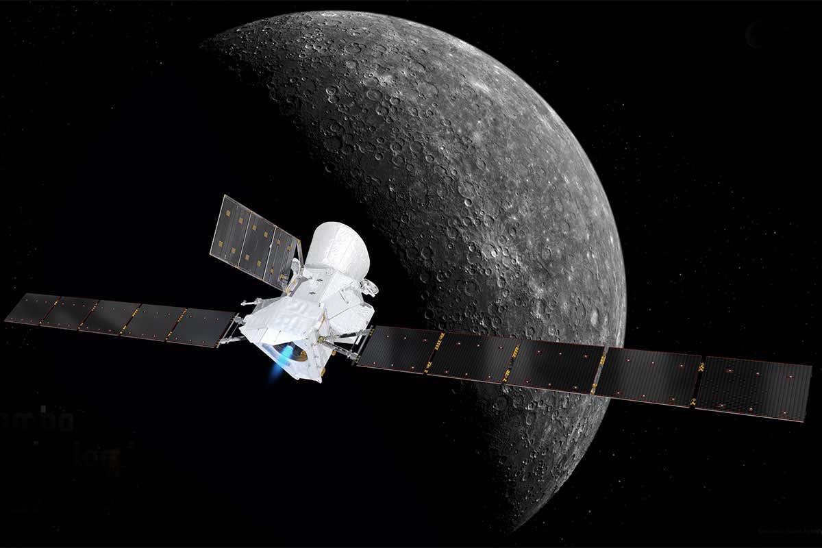 A picture of BepiColombo in front of Mercury