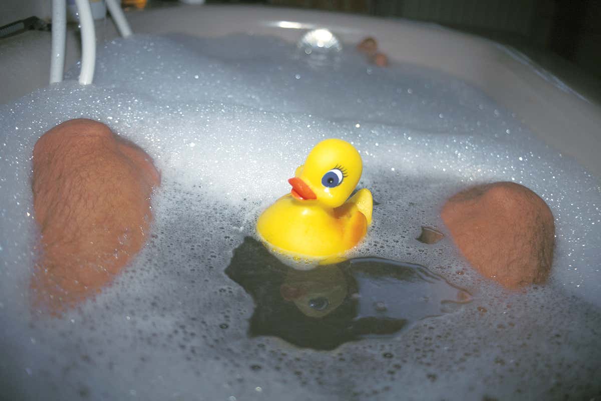 A rubber duck in a bubble bath
