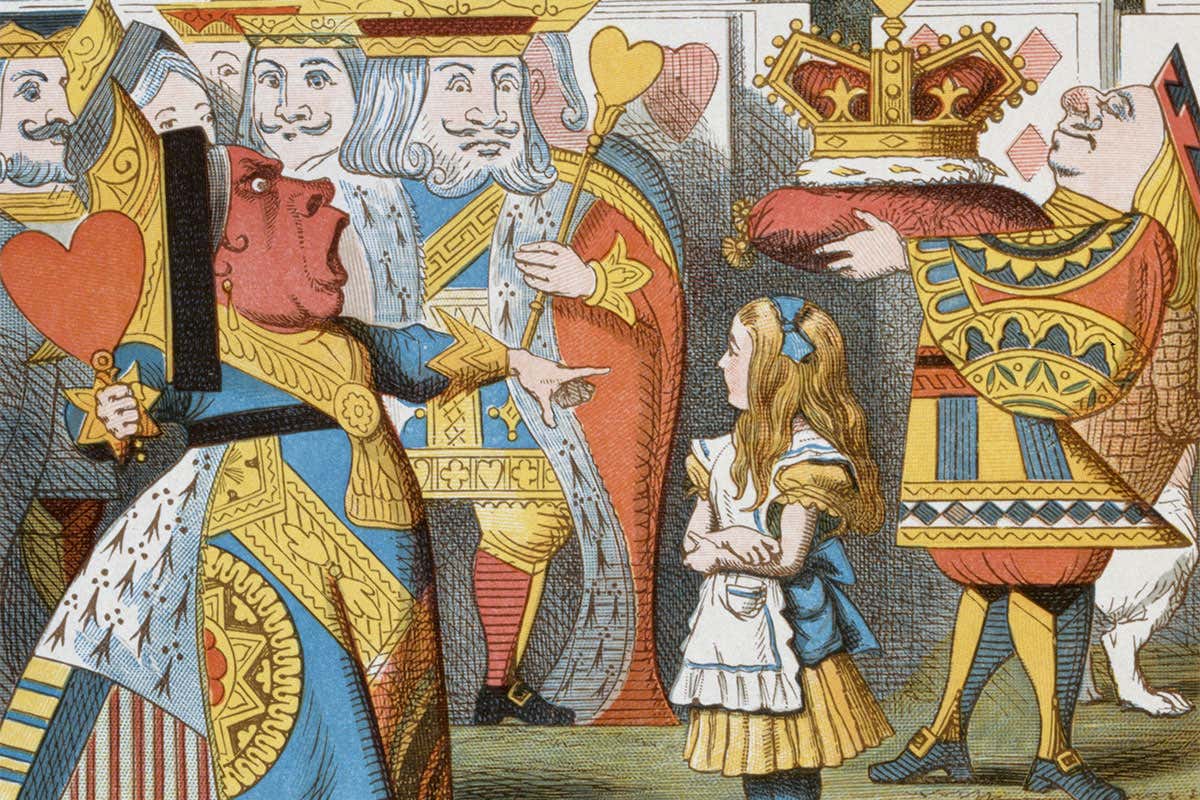 Alice looks at cartoon cards