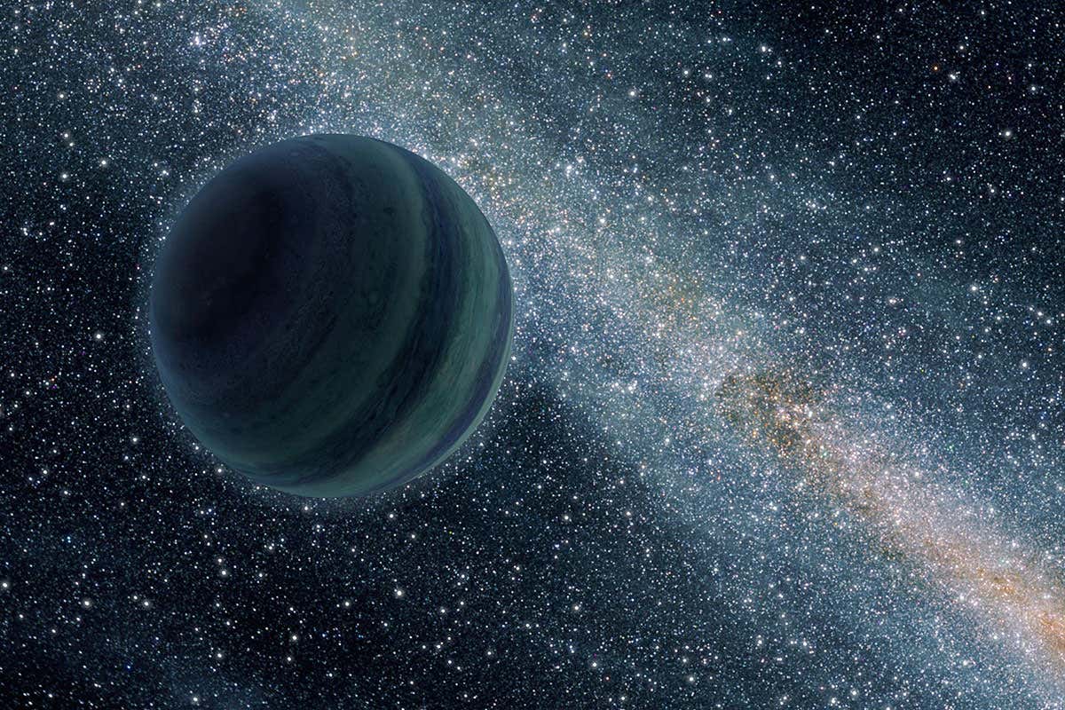 An artist's conception illustrates a Jupiter-like planet alone in the dark of space, floating freely without a parent star