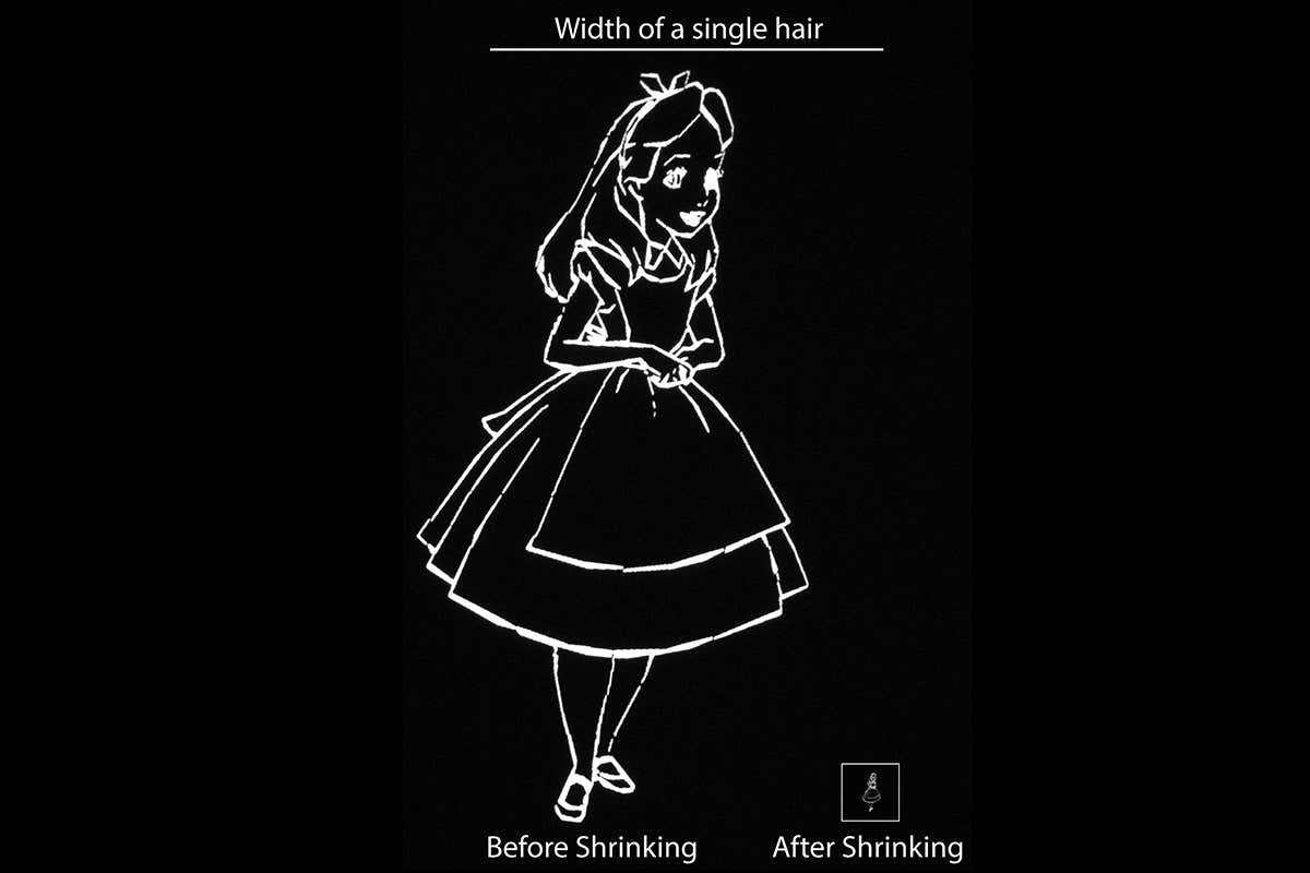 Alice in Wonderland created using implosion fabrication before and after shrinking