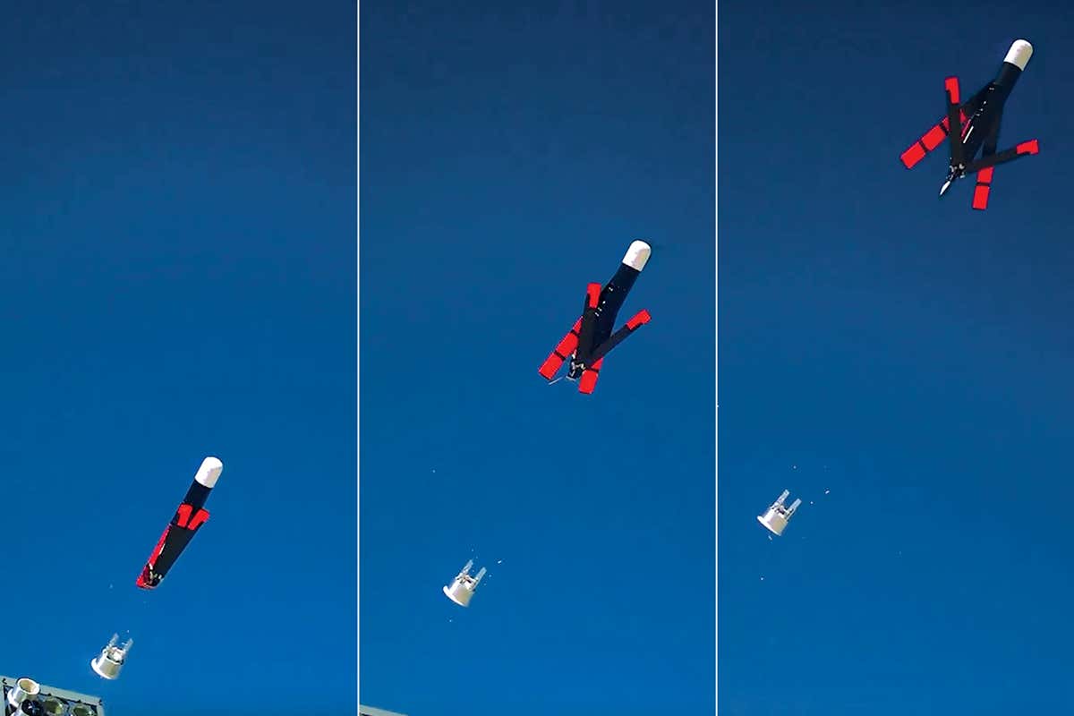 The drone’s tail, propeller and wings unfold after launch