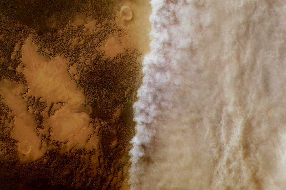 The high resolution stereo camera on board ESA’s Mars Express captured this impressive upwelling front of dust clouds – visible in the right half of the frame – near the north polar ice cap of Mars in April this year. It was one of several local small-scale dust storms that have been observed in recent months at the Red Planet, which is currently enduring a particularly intense dust storm season. A much larger storm emerged further southwest at the end of May and developed into a global, planet-encircling dust storm within several weeks. The intensity of this major event means very little light from the Sun reaches the martian surface, a situation extreme enough that NASA’s 15-year old Opportunity rover has been unable to recharge its batteries and call home: it has been in hibernation mode since mid-June.