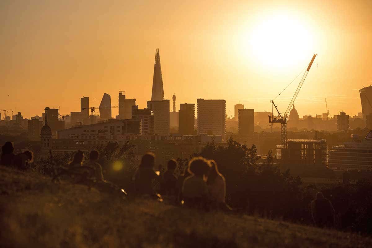 A hot sun over a city
