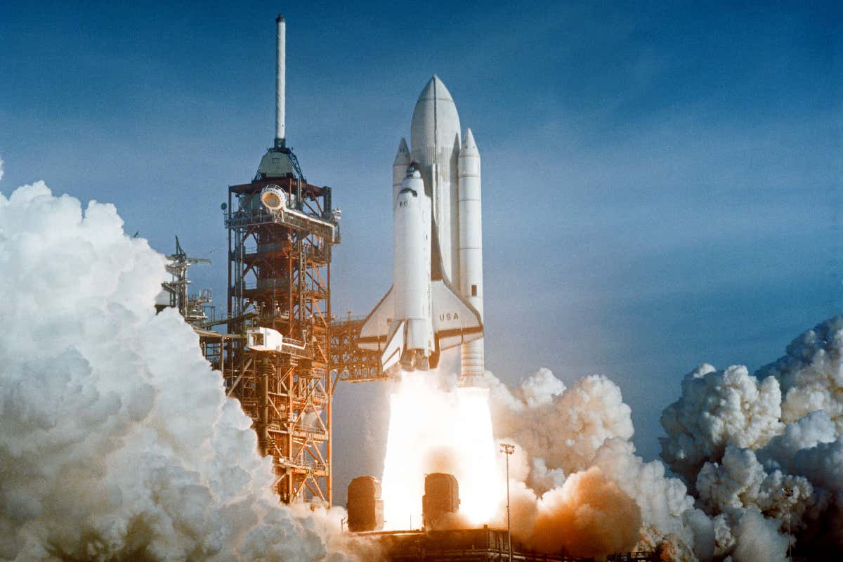 Space Shuttle Columbia blasts off on the first space shuttle mission STS-1