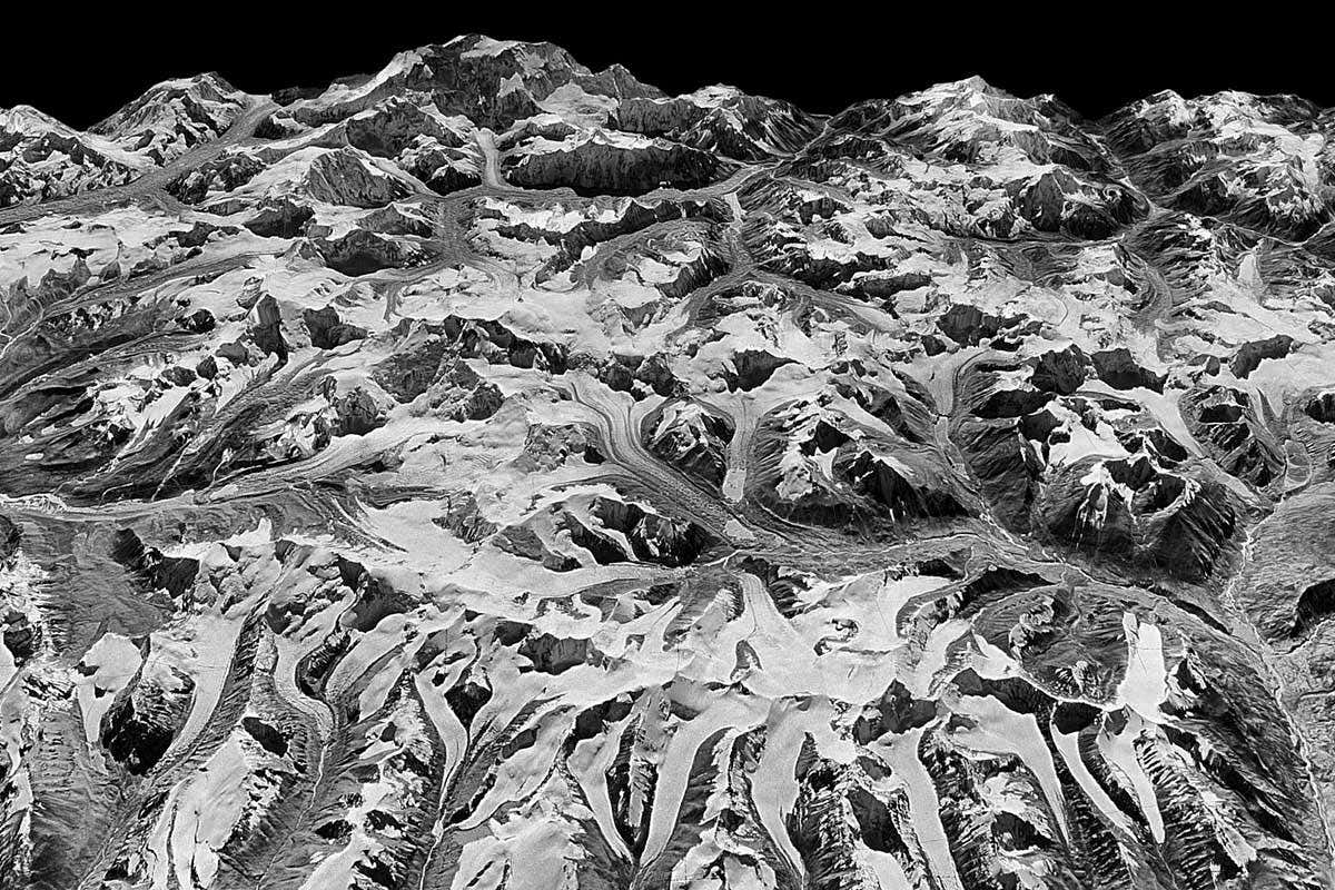 Oblique view of Himalayan landscape captured by a KH-9 HEXAGON satellite on December 20, 1975 on the border between eastern Nepal and Sikkim, India