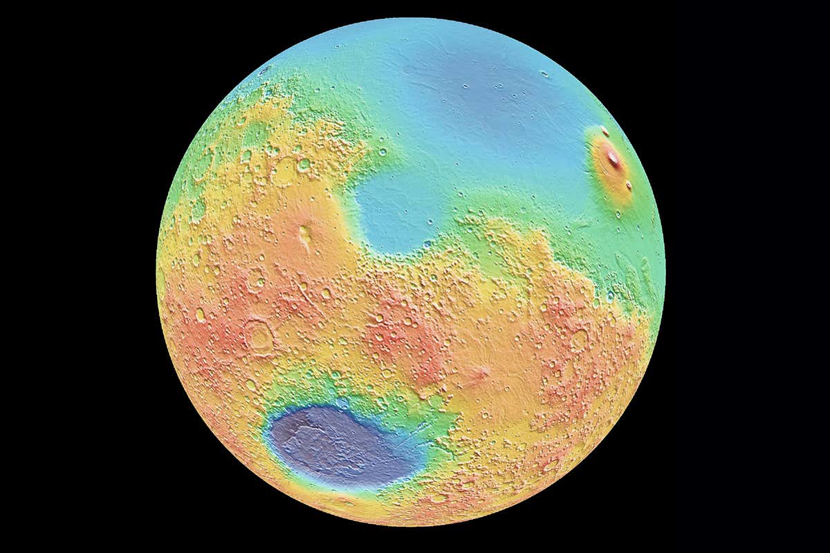 the NASA-MOLA false-colour topographic model of the Mars surface Courtesy NASA/JPL-Caltech shows the hemispheric dichotomy and southern highlands (orange), a likely source for the Martian polymict breccia meteorites