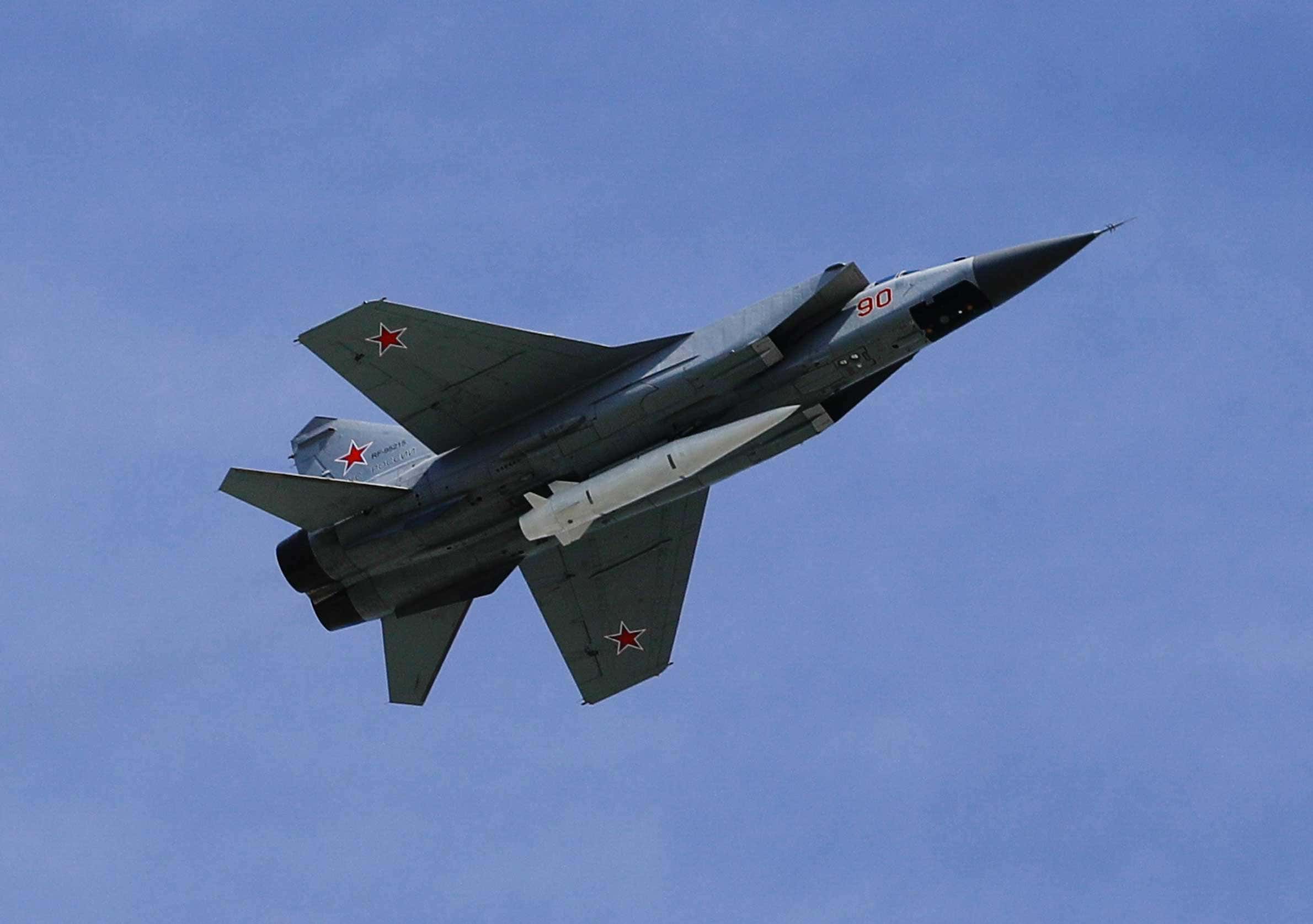 Mikoyan MiG-31K fighter jets with Kinzhal hypersonic missiles fly over Moscow's Red Square during the Victory Day military parade marking the 73rd anniversary of the victory over Nazi Germany in the 1941-1945 Great Patriotic War, the Eastern Front of World War II, in Moscow, Russia on May 09, 2018
