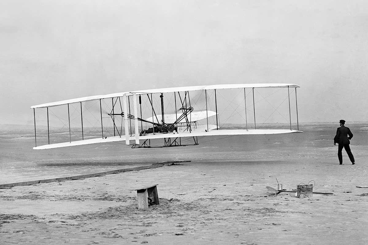Wright brothers first powered flight in the Wright Flyer at Kitty Hawk, North Carolina, US, on 17 December 1903
