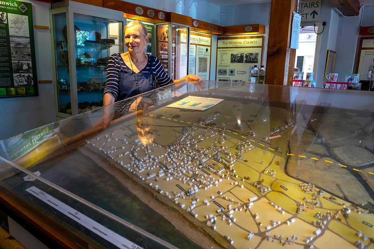Dunwich, once the capital of East Anglia, now a small hamlet as the harbour and most of the town have fallen into the sea. The local museum with Jane Hamilton included a map of the long lost coastline.