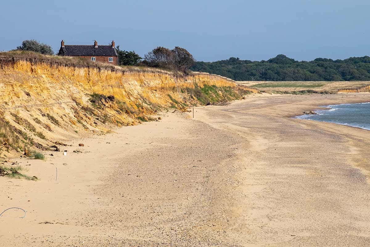 Easton Bavents was once the most Easterly point in England, now suffering from coastal erosion. The home of author Juliet Blaxland who has written about the coastline and expects her house to be consumed by the sea in the next few years.