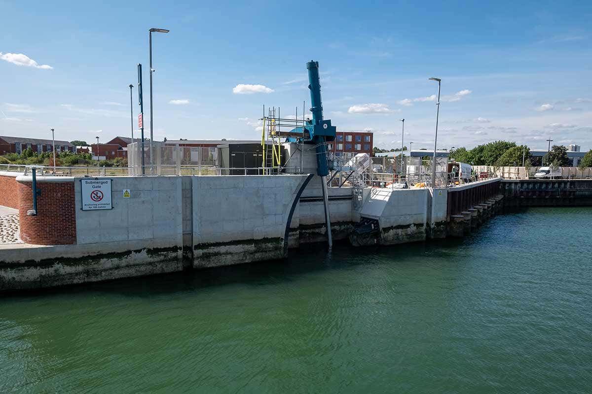 The newly installed flood barrier at Ipswich Docks