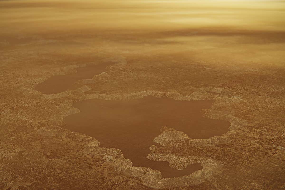 This artist's concept of a lake at the north pole of Saturn's moon Titan illustrates raised rims and rampartlike features such as those seen by NASA's Cassini spacecraft around the moon's Winnipeg Lacus.