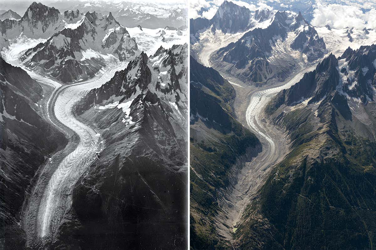 Aerial shots of glacier from 1909 and 2019
