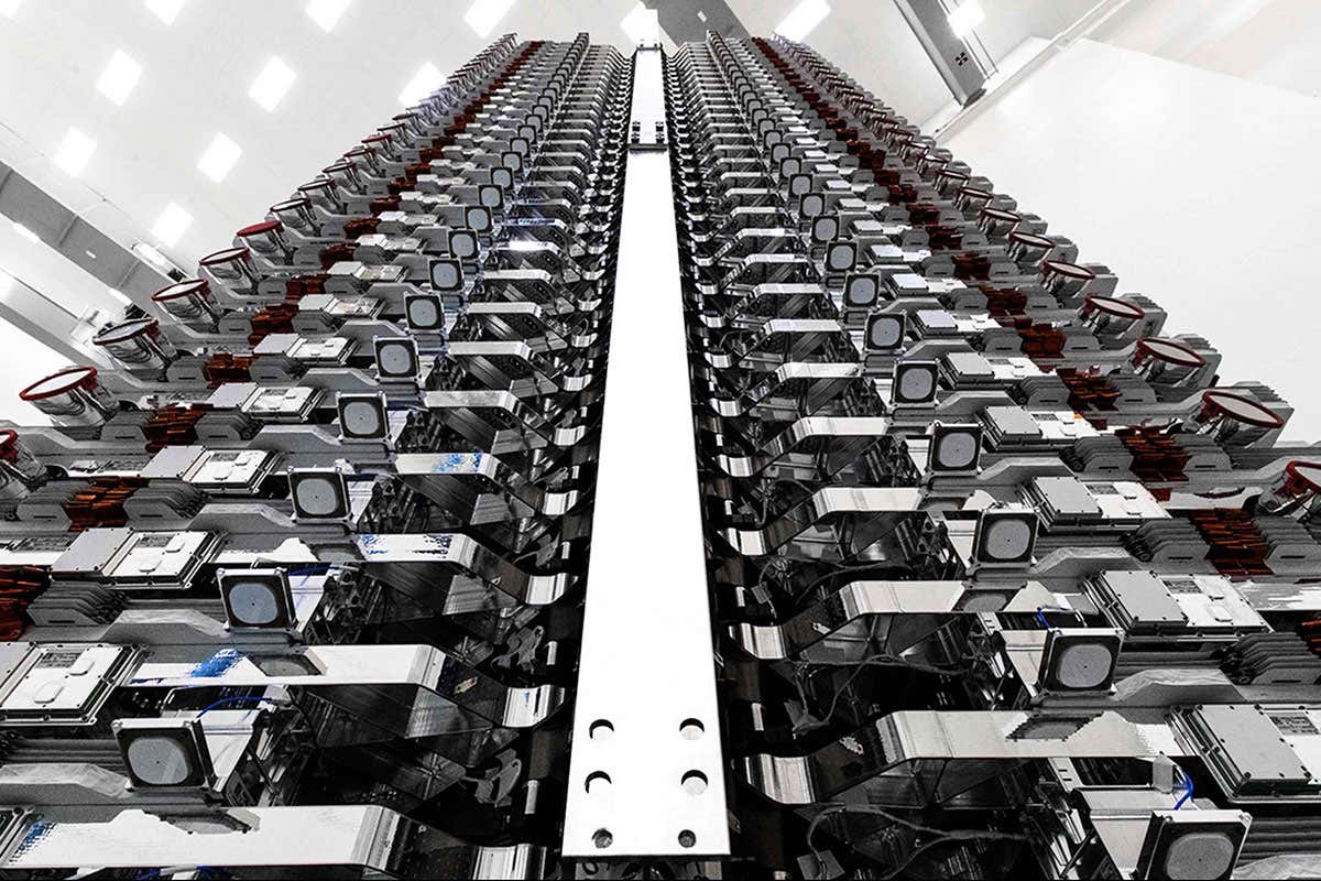 SpaceX satellites stacked for launch