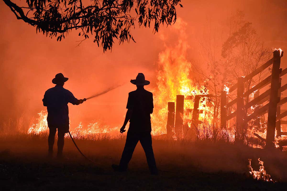 Residents defend a property from a bushfire at Hillsville near Taree, 350km north of Sydney on November 12, 2019. - A state of emergency was declared on November 11 and residents in the Sydney area were warned of 