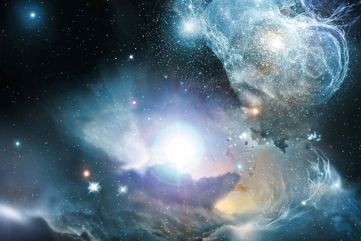 Above, an artist's impression shows a primordial quasar as it might have been, surrounded by sheets of gas, dust, stars and early star clusters. Exacting observations of three distant quasars now indicate emission of very specific colors of the element iron. These Hubble Space Telescope observations, which bolster recent results from the WMAP mission, indicate that a whole complete cycle of stars was born, created this iron, and died within the first few hundred million years of the universe.