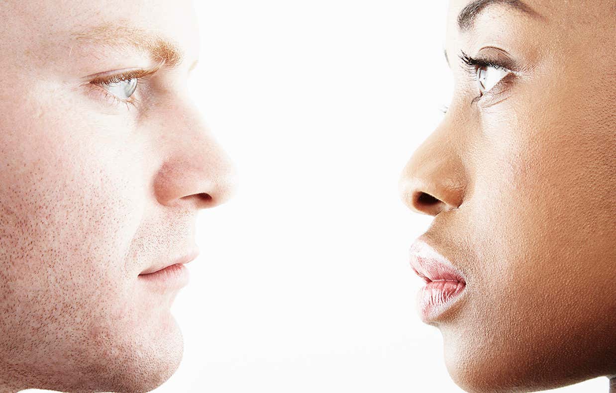 Two people look at each other