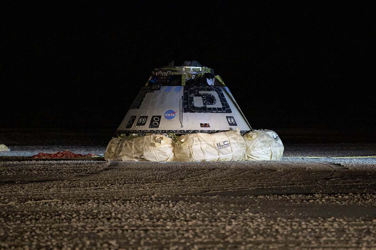 The Boeing Starliner spacecraft is seen after it landed in White Sands, N.M., . Boeing safely landed its crew capsule in the New Mexico desert Sunday after an aborted flight to the International Space Station that threatened to set back the company's effort to launch astronauts for NASA next year Boeing-Crew Capsule, White Sands, USA - 22 Dec 2019