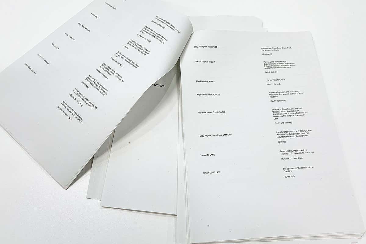 A printed copy of the New Year Honours 2020 list