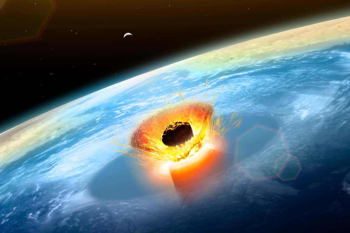 Illustration of a large asteroid colliding with Earth on the Yucatan Peninsula, forming the Chicxulub crater