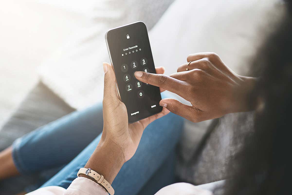 Woman logging in to phone