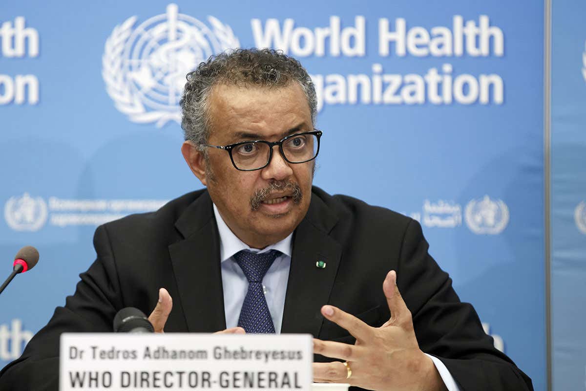 Tedros Ghebreyesu at a covid-19 press conference in Geneva today