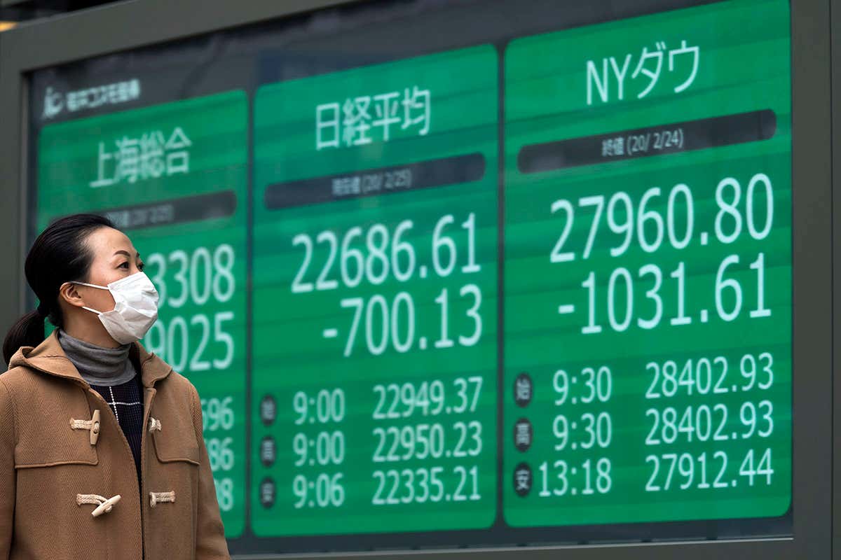 Woman in mask looks at market data