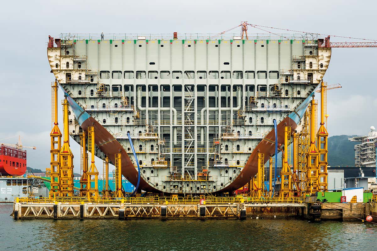 Peer into a giant, half-formed ship that can hold 18,000 containers