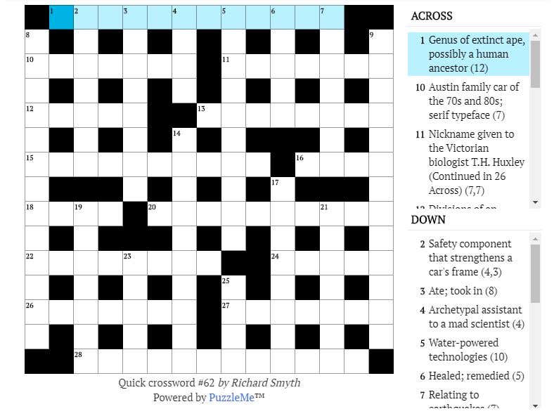 Quick crossword #62: Black volcanic rock (10)