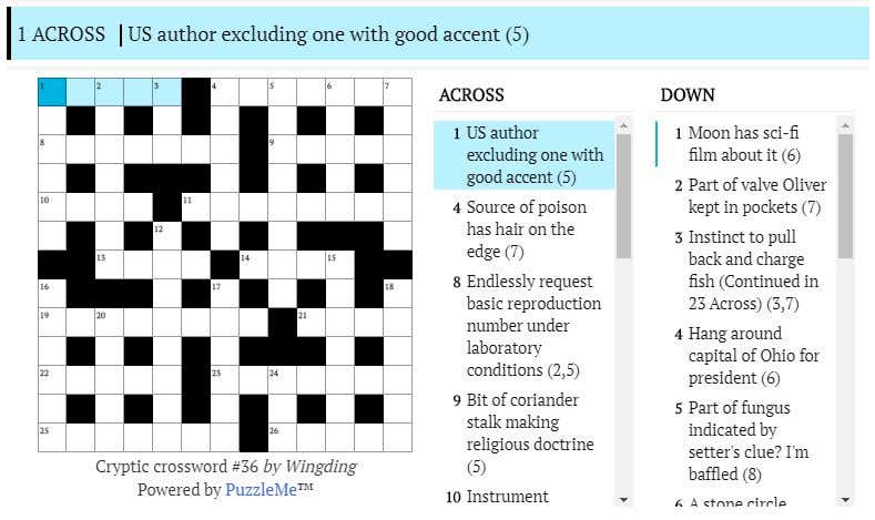 Cryptic crossword #36: Moon has sci-fi film about it (6)