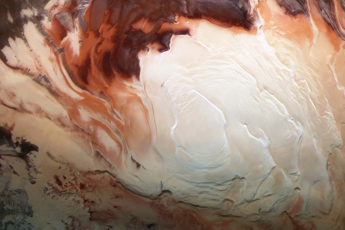 the icy cap that covers Mars’ south pole, composed of frozen water and carbon dioxide.