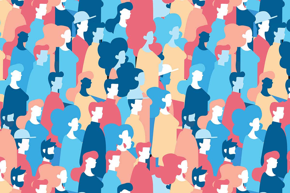 Social community seamless pattern of diverse people group in modern style, colorful crowd loop background with mixed men and women.