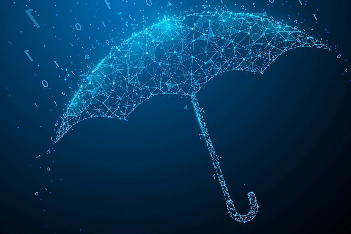 Umbrella and rain binary code. Data protection and security and privacy concept