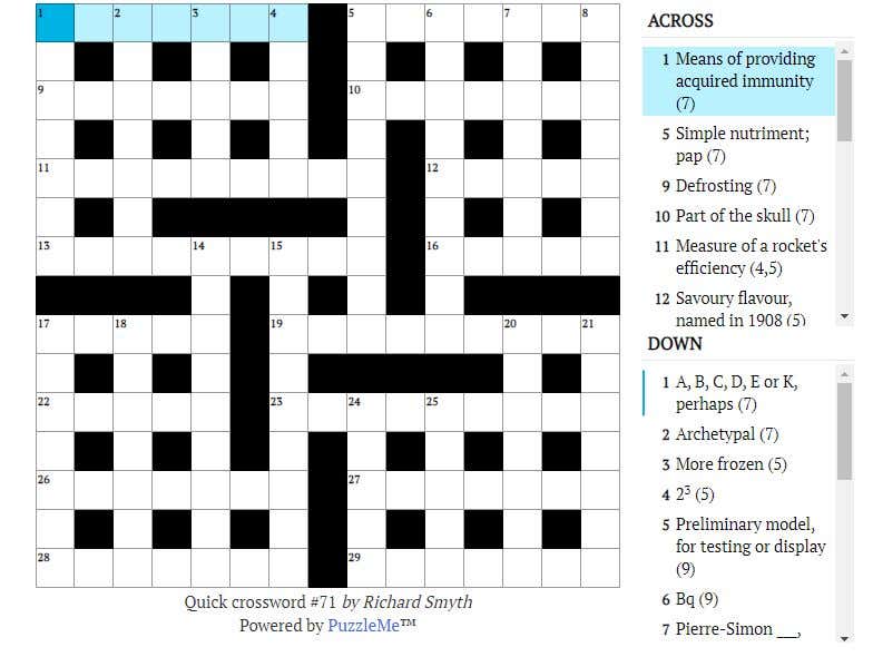 Quick crossword #71: Measure of a rocket's efficiency (4,5)