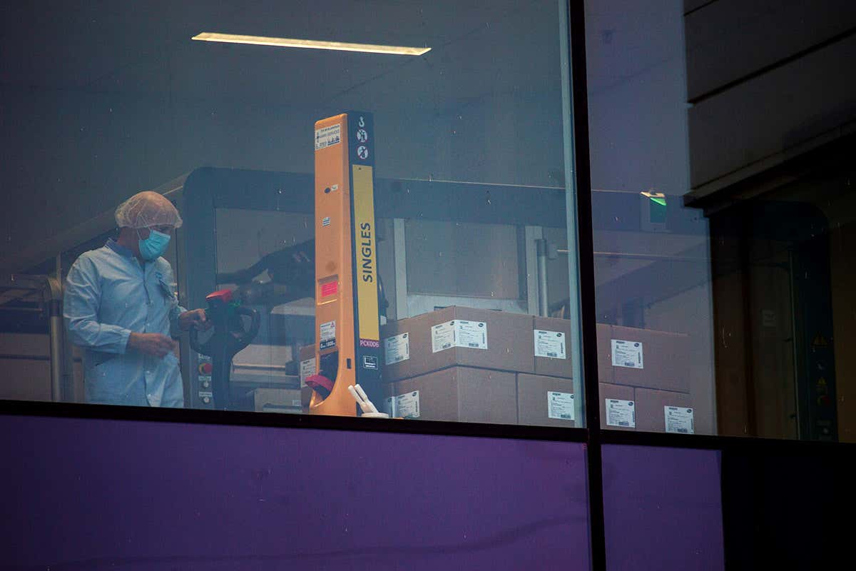 An employee checks boxes at a Pfizer manufacturing plant in Puurs, Belgium on 3 December
