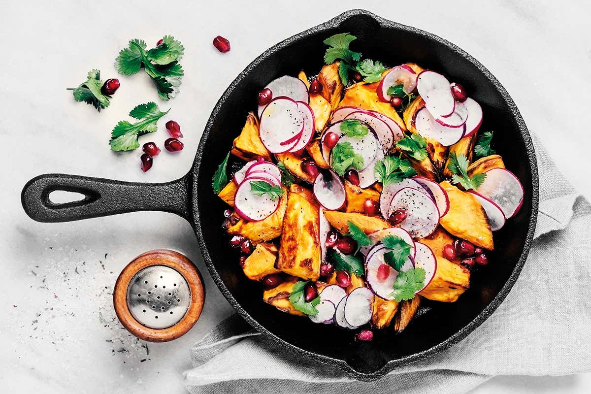 Roasted sweet potatoes in a pan