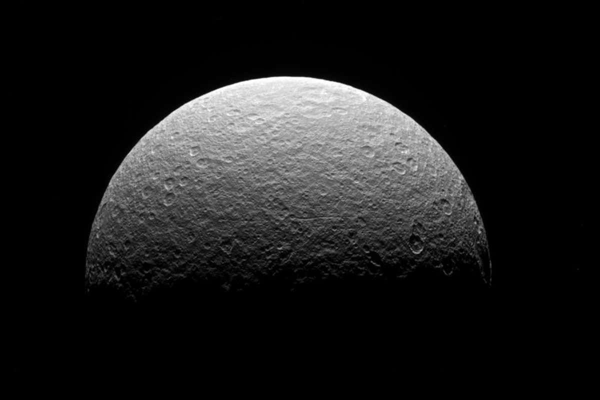 An image from Cassini of Saturn's icy moon Rhea