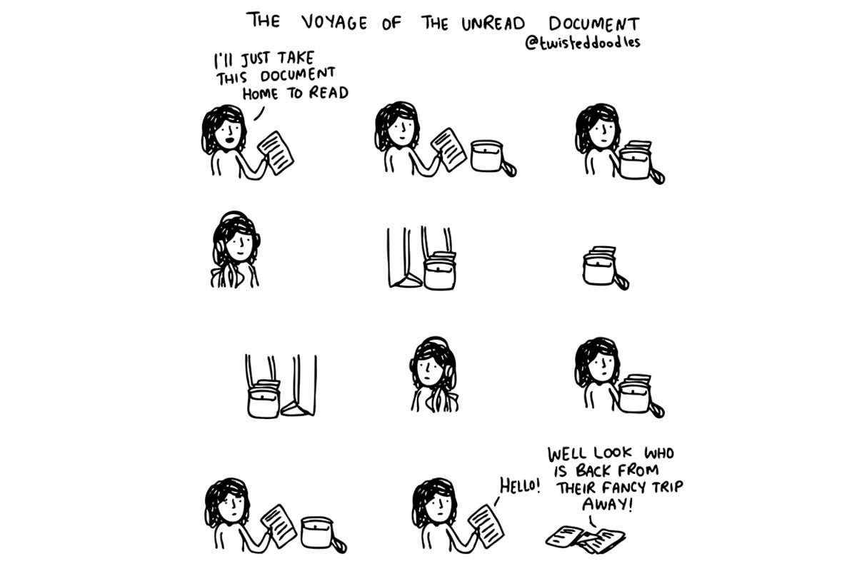 Twisteddoodles on the voyage of an unread document